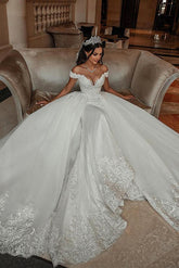 Off The Shoulder Sleeveless Wedding Dress With Lace Appliques